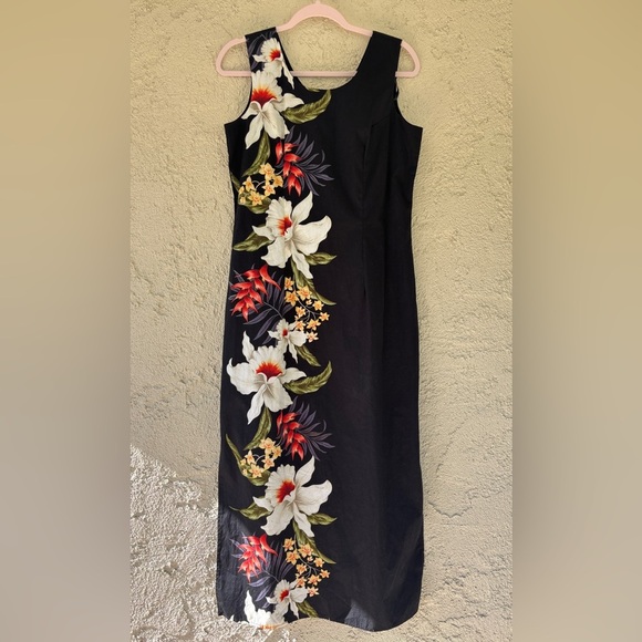 Vintage KY’s Hawaii Floral Iris Black Cotton Sleeveless Maxi Dress Tiki Aloha - Picture 8 of 13